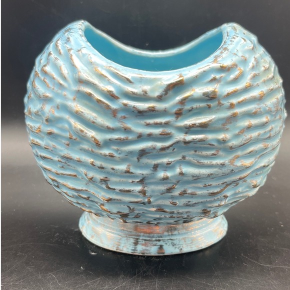Mid Century Modern Pottery Vase Textured Brutalist Curved Blue Gold MCM Decor